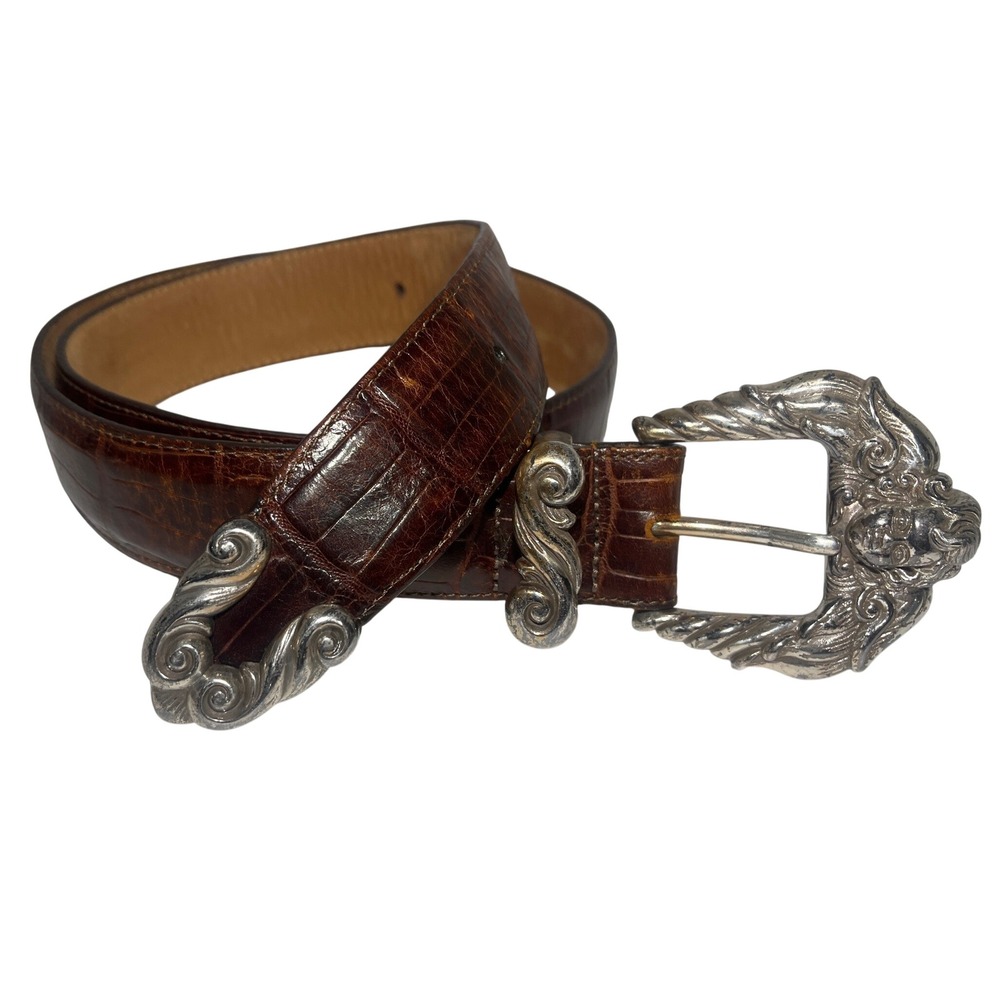Brighton Belt Women M Brown Croc Leather Silver Cherub Buckle Vintage 1996